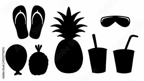 "Sun & Sip: A Playful Medley of Tropical Delights Featuring Pineapple, Flip-Flops, Sunglasses, and Balloon-Borne Bliss."