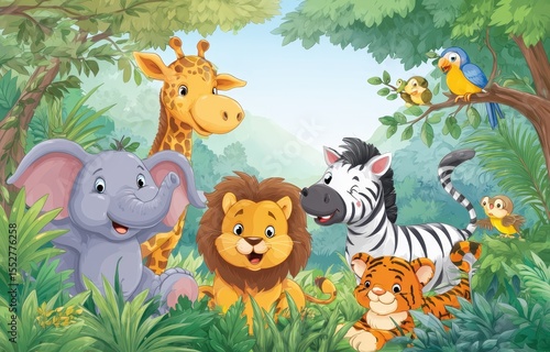 Fototapeta Naklejka Na Ścianę i Meble -  Cartoon jungle animals in lush foliage