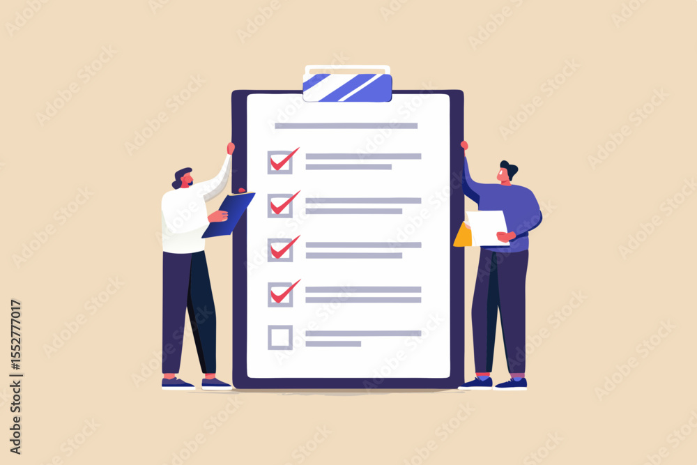 Two people checking off items on a large checklist clipboard together Two people checking off items on a large checklist clipboard together