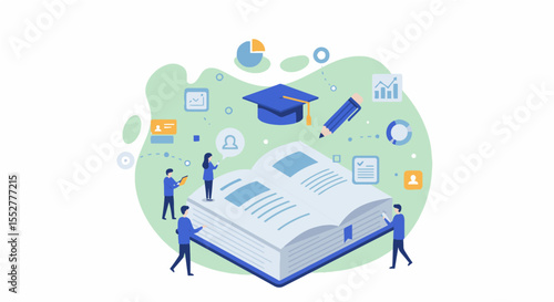 Dynamic Online Learning and Knowledge Acquisition Concept. An illustration of online learning with figures interacting with a book and digital education icons.