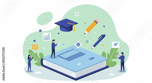 Dynamic Online Learning and Knowledge Acquisition Concept. An illustration of online learning with figures interacting with a book and digital education icons.
