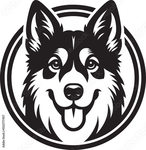 This vector image depicts a stylized black and white husky or similar dog's head smiling with its tongue out framed within a circular border