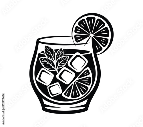 Black and white illustration of a cocktail or iced tea with a mint and lemon garnish, isolated vector clipart for restaurant and party designs on white bg