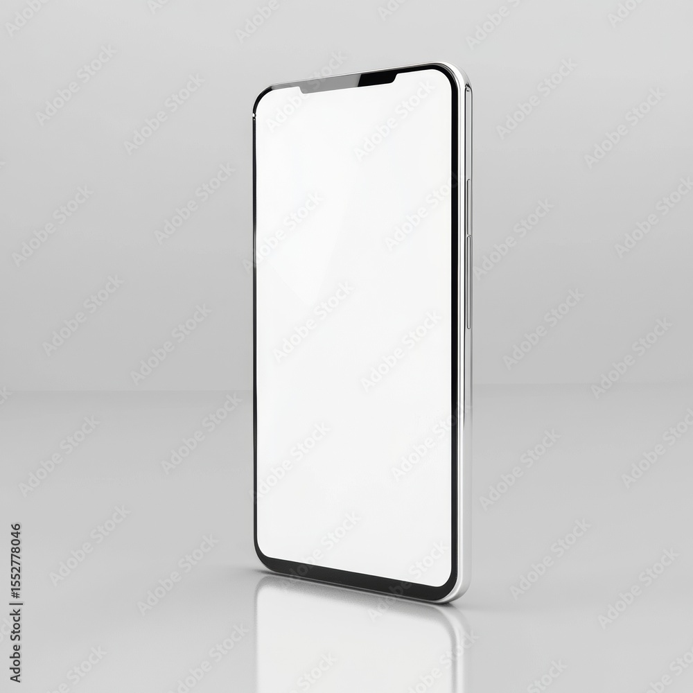 Modern smartphone with blank screen on reflective surface in minimalist setting Modern smartphone with blank screen on reflective surface in minimalist setting