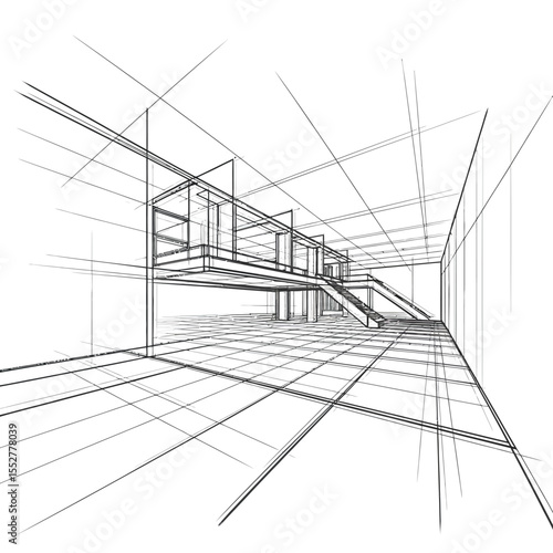Architectural Sketch of Modern Building Interior with Stairs and Open Space