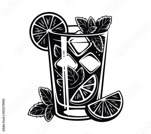 Minimalist cold beverage logo, a drink in a glass with ice cubes and a citrus slice on a white background