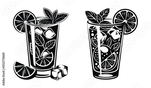 Refreshing summer drink illustration, a cold cocktail or lemonade with a citrus garnish in a monochrome line art style on white background