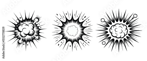 Set of two hand-drawn bomb explosions, a powerful black and white illustration of war on white background