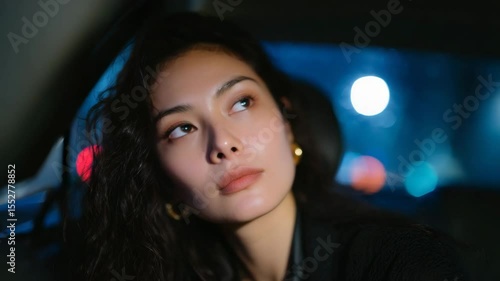 Thoughtful woman contemplating city lights through car window at night