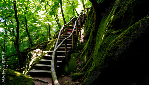 Rustic wooden staircase winding through a lush green forest, surrounded by moss-covered rocks 2