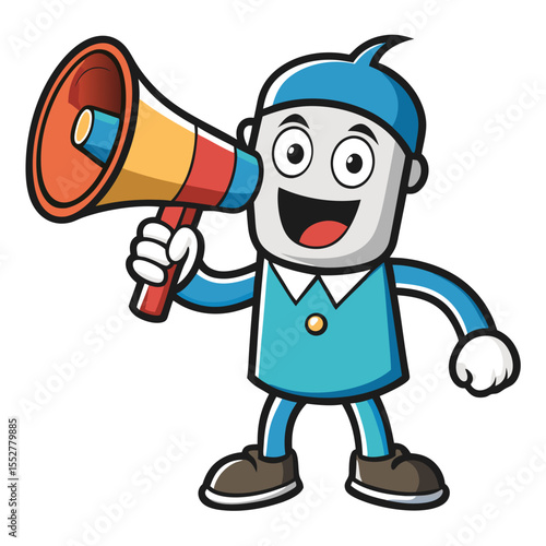 Cheerful Cartoon Announcer with Megaphone  Perfect for Announcements and Promotions