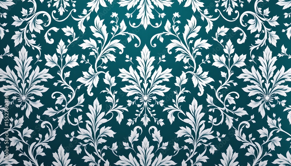 a wall with a repeating pattern. the wallpaper features an intricate design of leaves and vines, predominantly in shades of white and blue. there is no visible text on the image a wall with a repeating pattern. the wallpaper features an intricate design of leaves and vines, predominantly in shades of white and blue. there is no visible text on the image