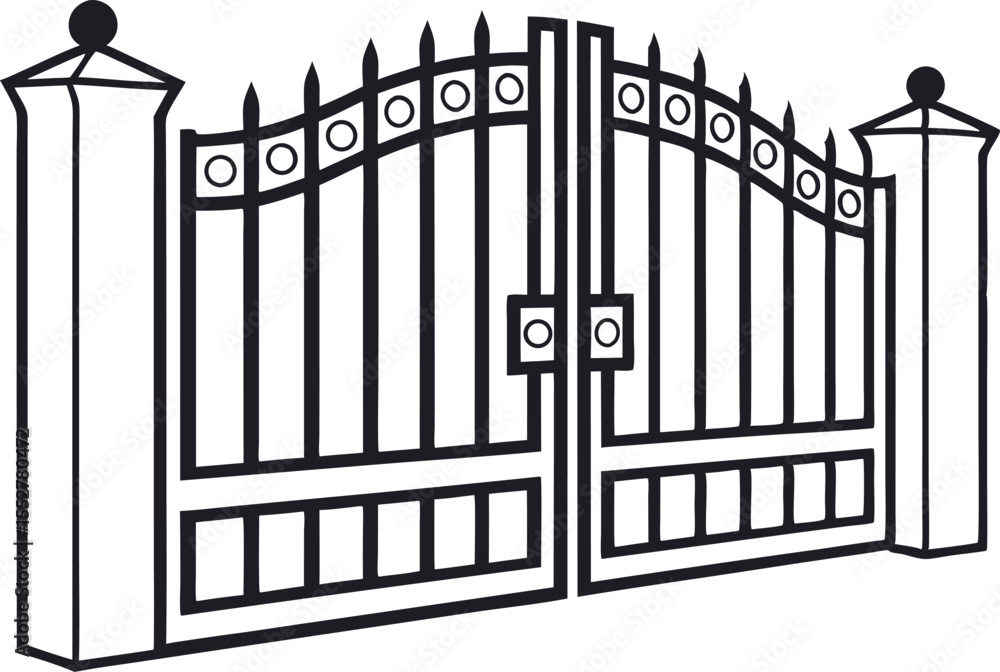 Ornate black metal double gate with decorative posts Ornate black metal double gate with decorative posts