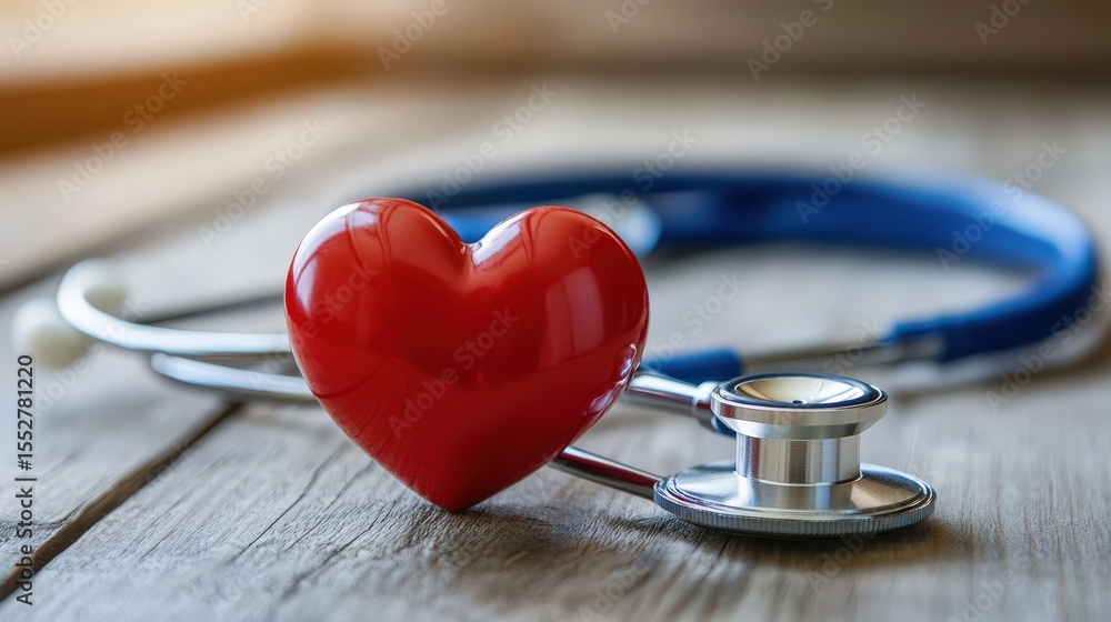 A stethoscope examining a red heart on a wooden surface A stethoscope examining a red heart on a wooden surface