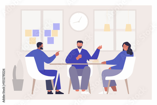 Diverse team collaborating and discussing ideas around a table in a modern office