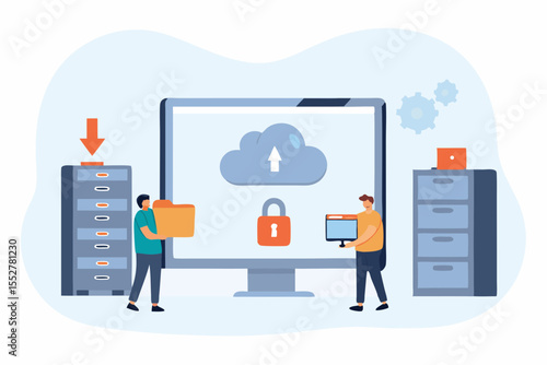 People managing data security and cloud storage with digital technology and filing cabinets