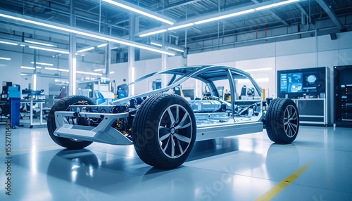 Car chassis assembly line in factory.