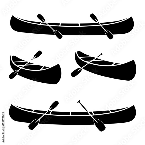 Canoes and Paddles Black Silhouettes set on isolated with white background