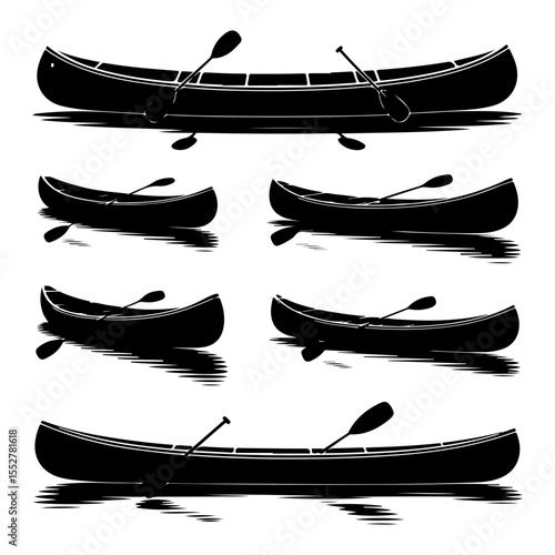 Canoes and Paddles Black Silhouettes set on isolated with white background