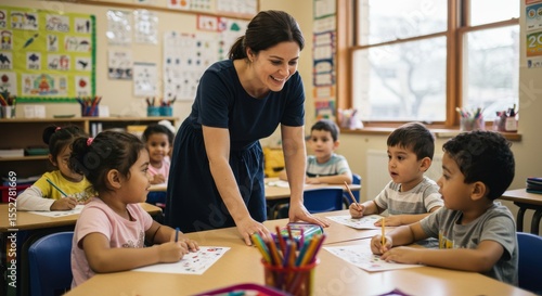 Teacher interacting with young children in a bright classroom environment promoting education and learning illustrating development instruction and interaction within a supportive community