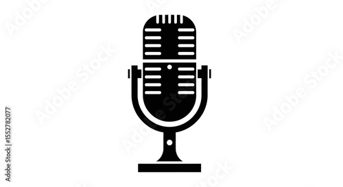 Black Retro Microphone Icon with Horizontal Lines and Stand Design