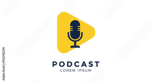 Podcast Logo:  Dark Blue Microphone Icon on Yellow Play Button