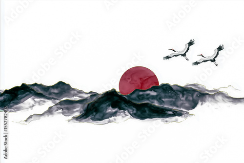 Crimson Sun Rising Above Dark Ink-Washed Mountain Peaks