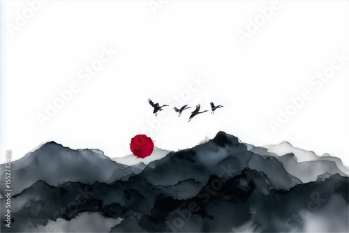 Misty Mountains with Rising Sun and Soaring Cranes in Ink Wash