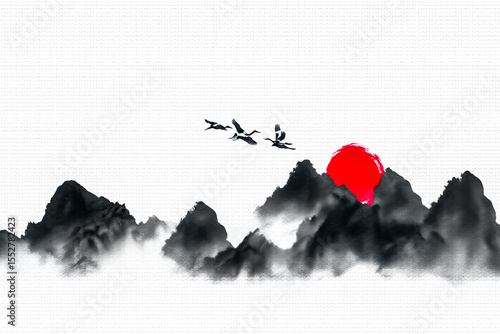Korean Ink Wash Landscape with Red Sun and Three Cranes