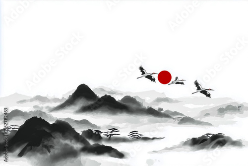 Ink Wash Korean Landscape with Sun and Crane Formation