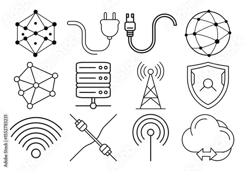 Collection of technology and network icons including a globe server and wi fi signal isolated on white background