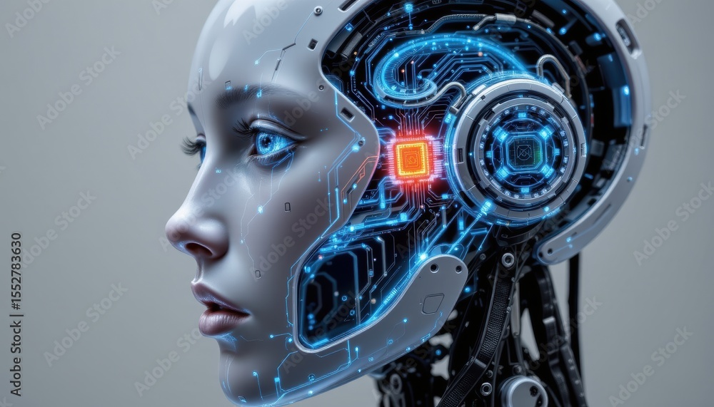 Fototapeta premium Futuristic Portrait of a Female Robot with Digital Circuitry and Glowing Elements