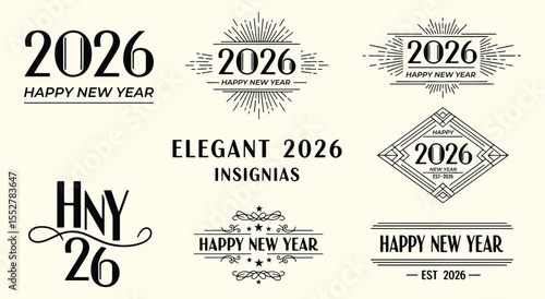 Happy New Year 2026. Elegant Logo Set. Vintage Art Deco insignias and badges for luxury greeting cards, banners, or event invitations. Vector typography.