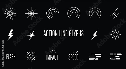 Action Line Glyphs. Minimalist Icon Set. Simple vector symbols for flash, impact, speed, and energy. Clean UI elements for web, apps, or motion graphics.