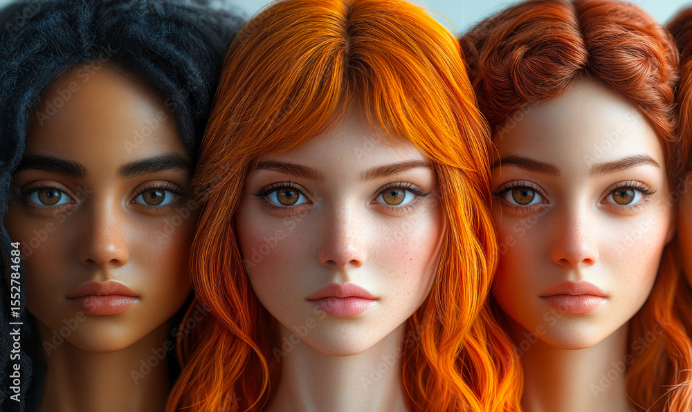 Obraz premium Close-up portrait of three diverse young women with natural and red hair, detailed faces, clear skin, looking straight at camera, beauty and diversity concept