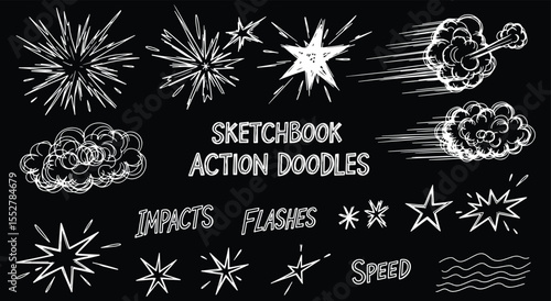 Action Doodles. Comic Book FX. Hand drawn sketchbook set with explosion, speed lines, and impact flash. Manga style vector for cartoons, animation, or stickers.