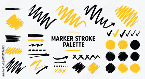 Marker Strokes. Hand Drawn Palette. Abstract scribble set with underlines, arrows, and highlight shapes. Vector texture for social media, design, or notes.