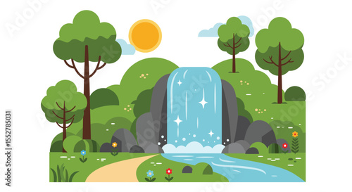 Tranquil Forest Waterfall Flowing Through Lush Greenery and Sunlit Landscape