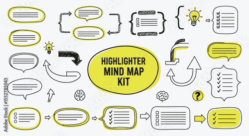 Mind Map Kit. Highlighter Doodle. Hand drawn flowchart elements with speech bubbles, arrows, and checklists. Sketch vector for presentations or brainstorming.
