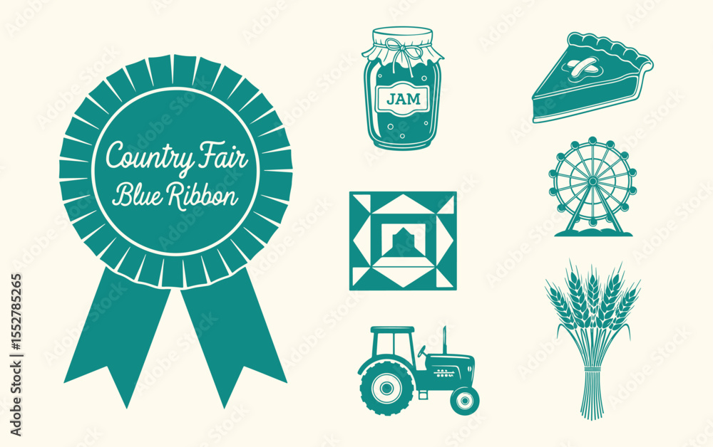 Obraz premium Country Fair. State Fair. Blue ribbon farm festival icon set with tractor, pie, and ferris wheel. Rustic silhouette vector for poster, logo, or event.