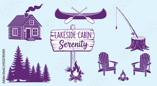 Lakeside Cabin. Camping Life. Rustic outdoor vacation set with log cabin, canoe, and campfire. Vintage vector for travel logo, t-shirt, or poster design.
