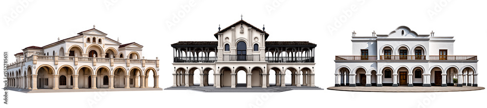 Fototapeta premium Set of a Spanish colonial building with arches, isolated on a transparent background.