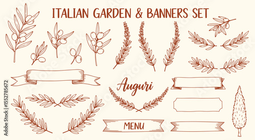 Italian Garden. Vintage Banners. Rustic hand drawn set with olive branch, lavender, cypress. Mediterranean tuscany vector for menu, label, or packaging.