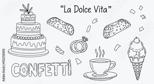Coloring Page. Italian Doodle Set. La dolce vita line art with wedding cake, cannoli, coffee, gelato. Simple sketch vector for kids, party, or menu.
