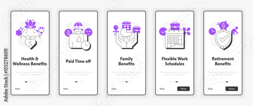 Employee benefits mobile onboarding screen. Vacation, pension. Work schedule. UX UI illustration. Flat outline style icons with purple accent. Informa Pro Bold, Montserrat Light fonts used