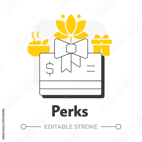 Perks flat outline concept icon. Payment benefits, salary. Meditation, relaxation. Wellness programs. Company benefits. Modern line illustration with yellow glyphs. Conceptual visual. Easy to edit