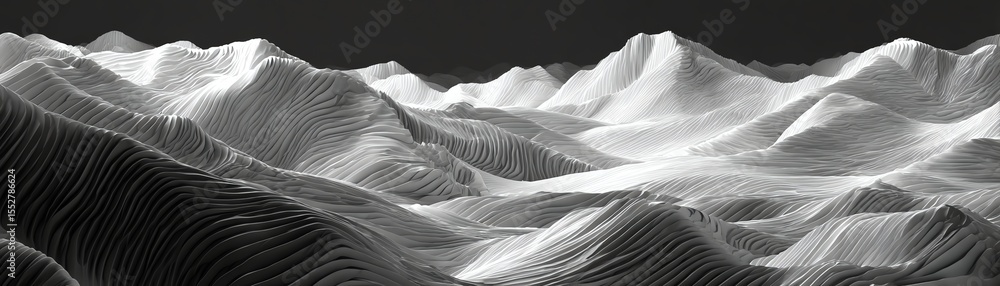Fototapeta premium Abstract mountain range in monochrome, showcasing textured peaks and valleys.