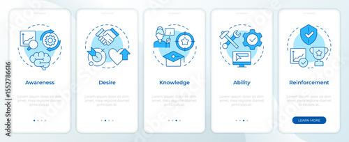 ADKAR model blue onboarding mobile app screen. Organizational change. Walkthrough 5 steps editable graphic instructions with linear concepts. UI, UX, GUI. Montserrat SemiBold, Regular fonts used