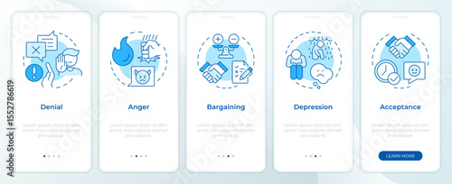 Five stages of grief blue onboarding mobile app screen. Changes management. Walkthrough 5 steps editable graphic instructions with linear concepts. UI, UX, GUI. Montserrat SemiBold, Regular fonts used
