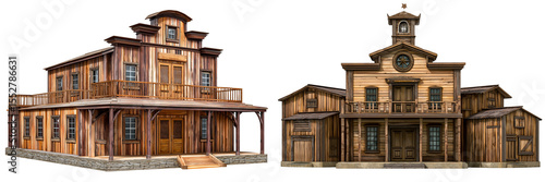 Set of an old Western saloon wooden building, isolated on a transparent background.